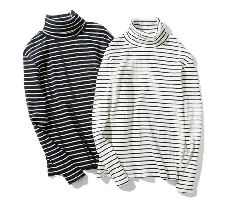 

Autumn and winter new retro turtleneck striped long-sleeved t-shirt