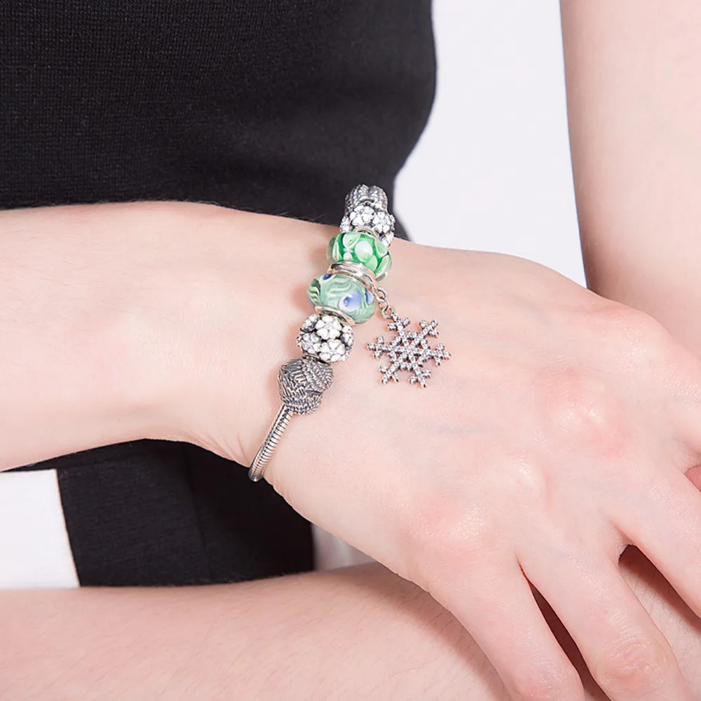 

Robira Wholesale New European Style Fashion Bracelet 925 Sterling Silver Green Flower Charm Fit DIY Bracelets For Women