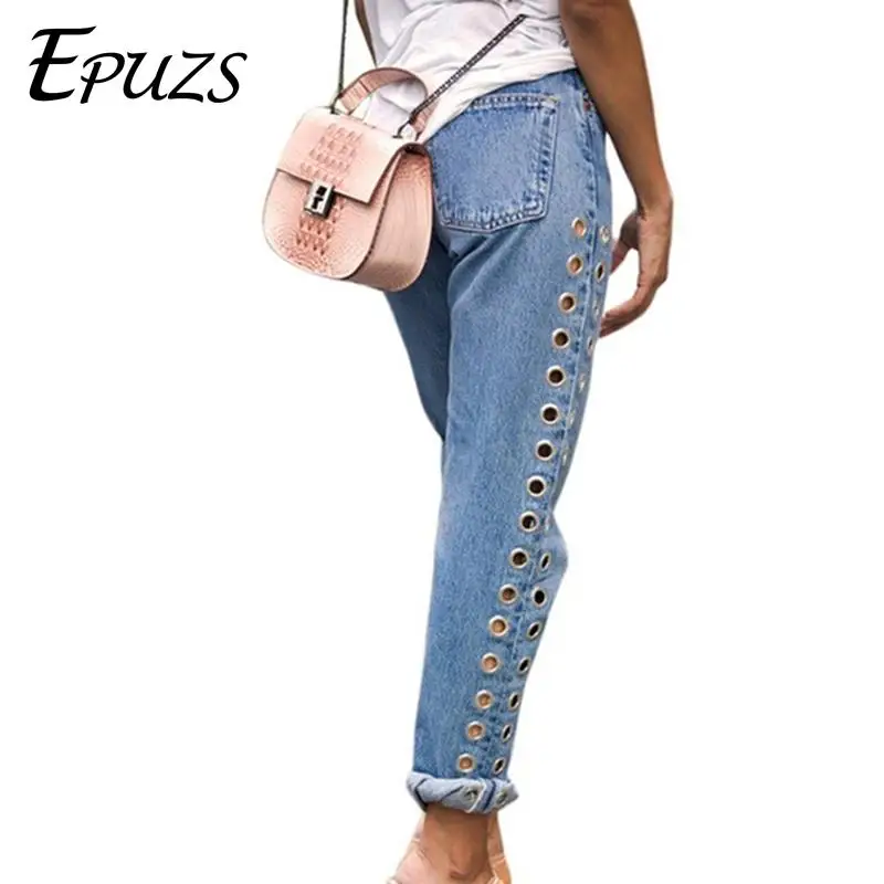 

Fashion Rivets Ripped High Waist Jeans Woman Straight Eyelet Boyfriend Denim Pants Street cotton punk rock Women Jeans 2019