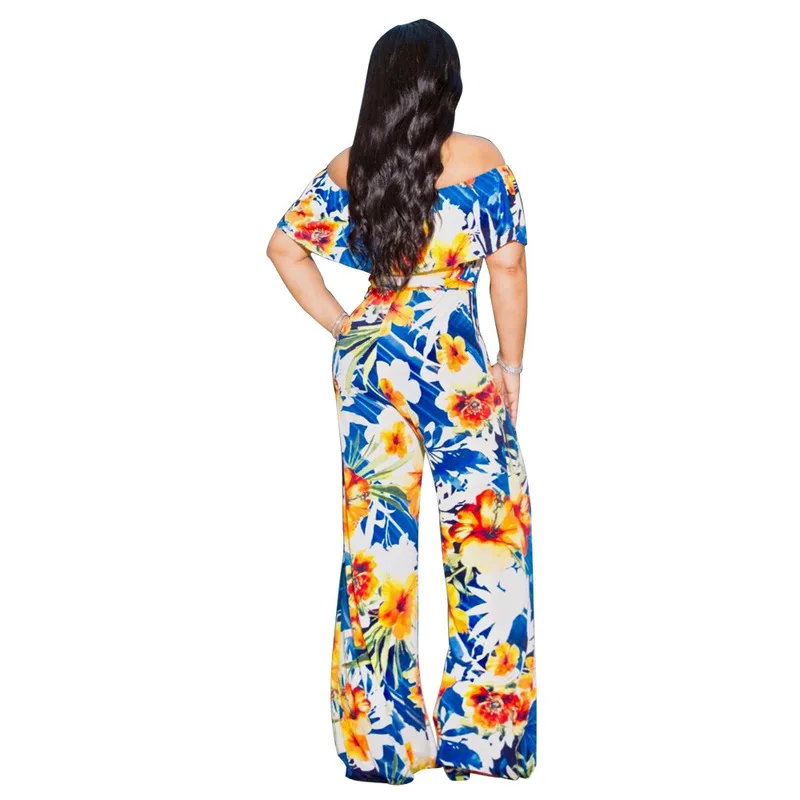 الأزهار طباعة جمبسوت/ بدلة الجسم المثيرة للنساء 2019 مائل الرقبة قصيرة الأكمام واسعة الساق ارتداءها الصيف قبالة الكتف عارية الذراعين شاطئ الس...