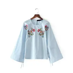 Для женщин Цветочный Вышивка хлопковая блузка связали рубашка с длинным рукавом Круглый воротник синий Дамы Топ Блузы Femininas