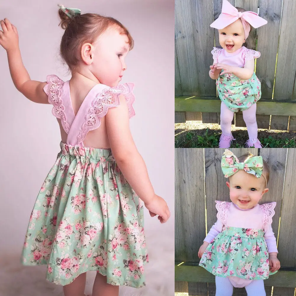 

3 Patterns Baby Girls Kids Outfit Set Floral Sleeveless Princess Summer Dress Lace Romper Skirt Headband 0-7 Years