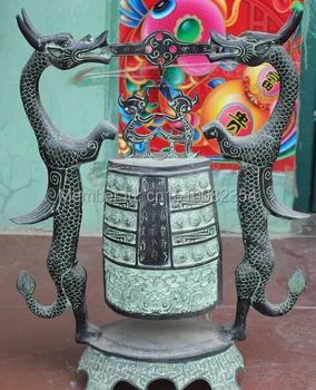 

19" Old Chinese Dynasty Bronze Two Dragon Guardion Beast Bell Clock Statue