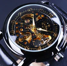 Orkina Luxe Horloge Hommes En Cuir Squelette Montre Classique Rétro Noir D’or Cadran Relogio Masculino Mâle Mécanique Automatique Montre