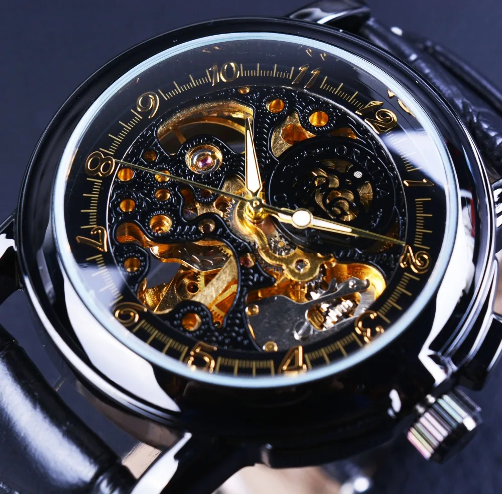 Orologio Automatico Uomo FORSINING – Quadrante Scheletrato Nero E Oro, Movimento Meccanico A Carica Manuale, Cinturino Acciaio Inox, Stile Vintage