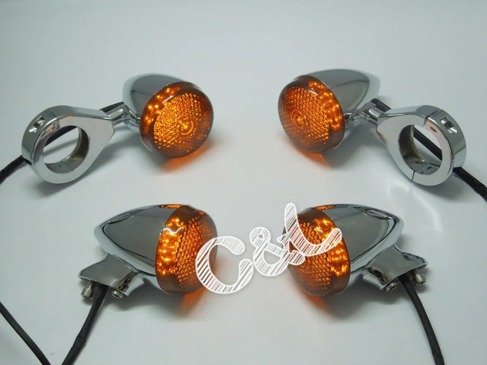 4x Amber LED Motorcycle Chrome Bullet Turn Signals Indicators Light Amber Lens
