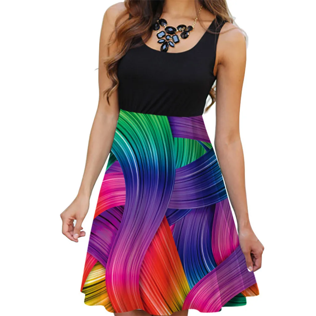 

Women Casual Sleveless Print Casual Beach Vintage Boho Summer Short Mini Dress