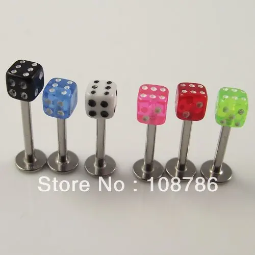 

100pcs/lot Wholesale free shipping mixed colors Fashion acrylic Dice lip ring Stainless Steel Labret rings body Piercing jewelry