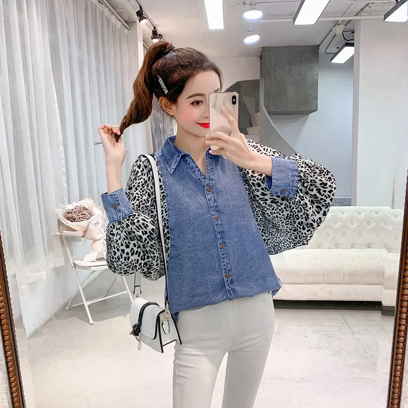 High Street Leopard рукавом Лоскутная джинсовая рубашка модные с рукавом-фонариком Свободные Повседневное отложной воротник Blusones De Mujer Largos