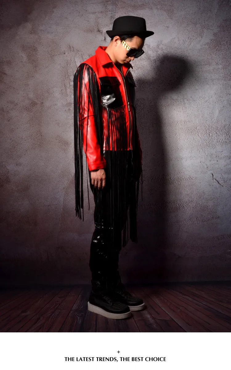 Искусственная Кожа Мужская куртка Пальто ночной клуб бар DJ DS сценические костюмы Красный Черный кисточки кожаная верхняя одежда Блейзер Рок Джаз шоу одежда