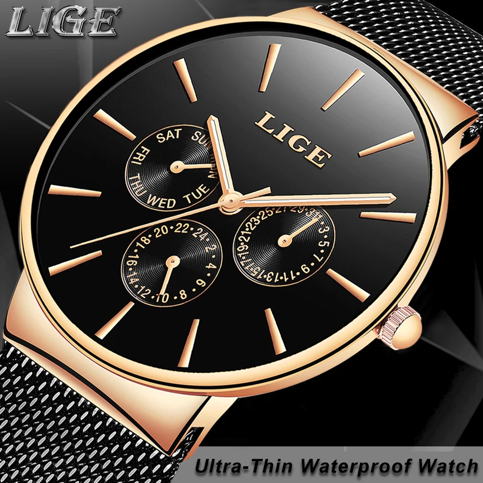 LIGE модные мужские часы Топ бренд класса люкс водонепроницаемые спортивные часы мужские Ультра-тонкие сетчатые Стальные кварцевые часы Relogio Masculino