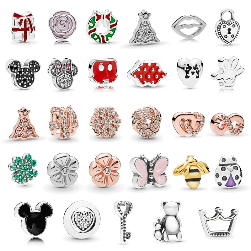 

New 925 Sterling Silver Rose Micky Minnie Clover DIY Petite Charm Bead Fit Floating Lockets for Pandora Bracelet Bangle Necklace