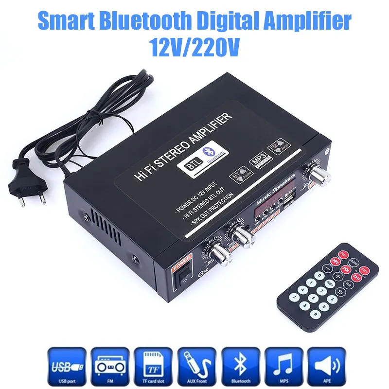 

Smart Bluetooth Car Digital Amplifier Auto Power Amplifier Home HIFI Audio High Performance FM Radio TF U Disk Remote Control