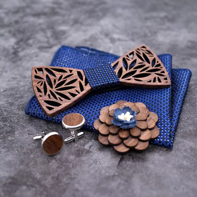  Quality Walnut Wood Bow-tie Gift Box Premium With Handkerchief Brooch And Cuff-links