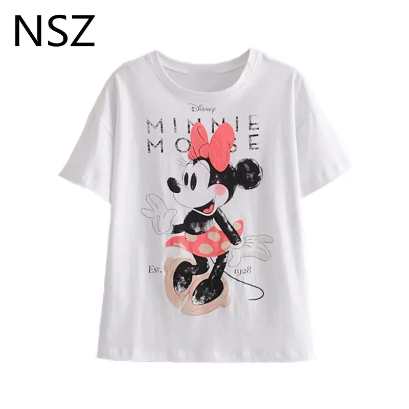 

NSZ Women White Cartoon T Shirt Summer Short Sleeve Cotton Letter Loose t-shirt Solid Round Collar Tees Shirt Camisetas mujer