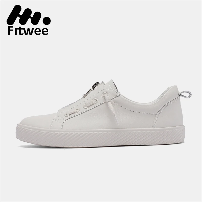 

Taoffen Real Leather Zipper High Quality White Shoes Sneakers Daily Skateboarding Shoes Women Young Ladies Footwear Size 33-40