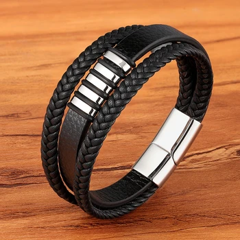 3 layers black gold punk style design genuine leather bracelet
