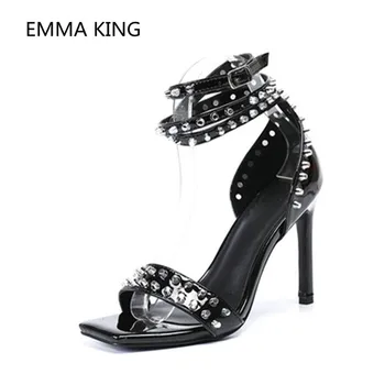 

New Square Open Toe Women Summer Gladiator Sandals Sexy Ankle Strap Thin High Heel Patent Leather Rivets Stud Ladies Party Shoes