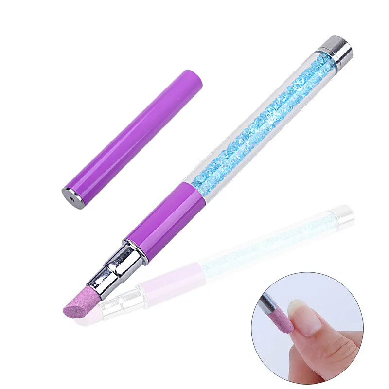 

New Design 1pcs Professional Quartz Scrubs Stone Cuticle Pusher Pen with Rhinestone Handle Metal Manicure Care Tools