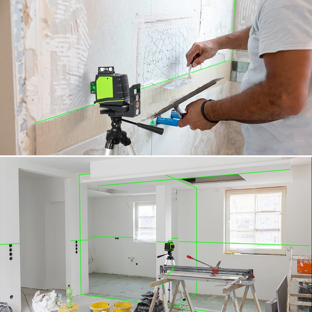 Huepar 12 Lines 3D Green Cross Line Laser Level Self-Leveling 360 Degree Vertical & Horizontal with LCD Receiver USB Charging