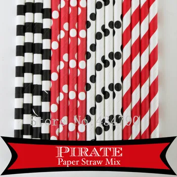 

200pcs Mixed 4 Designs Pirate Themed Paper Straws-Black and Red Polka Dot,Striped,Sailor Stripe Drinking Straws,Kids Birthday