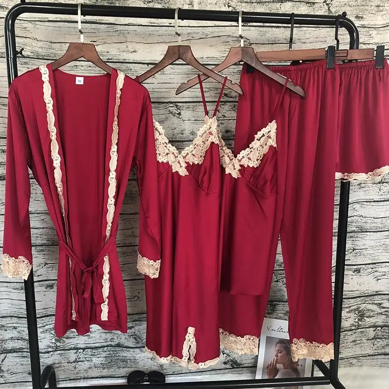 Women Pajama Satin Sleepwear 5 Pcs Pyjamas Set Sleep Lounge Pijama Silk Sexy Lace Pajamas Homewear Women Lingerie Night Suit - Цвет: WineRed