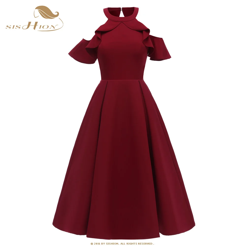 

SISHION Pin Up Dress CD1696 Women Summer Ruffle Sleeve Navy Blue Wine Red Black Swing Club Party Elegant Women Ladies Sexy Dress