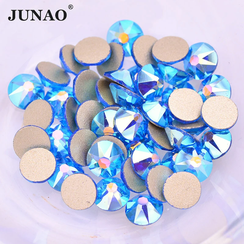 

JUNAO SS20 Cape Blue AB Round Glass Rhinestone Applique Flatback Crystal Stickers Face Nail Decoration Stones Non Hotfix Strass