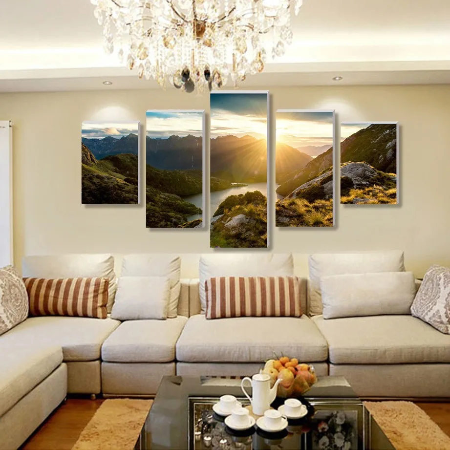 Modern Mountain And River Landscape Canvas Painting posters 5 Pieces Wall Art Spectacular Sunshine Wall Picture For Living Room