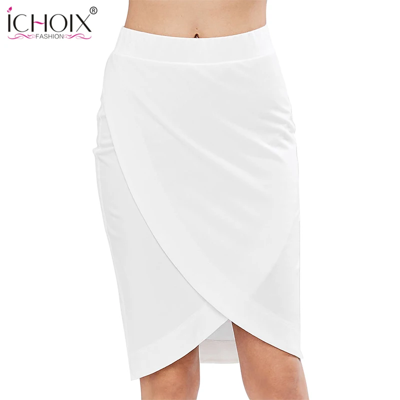 ICHOIX белые женские летние юбки с высокой талией облегающая юбка офисная стрейч Сексуальная юбка карандаш Сплит Базовая Юбка До Колена