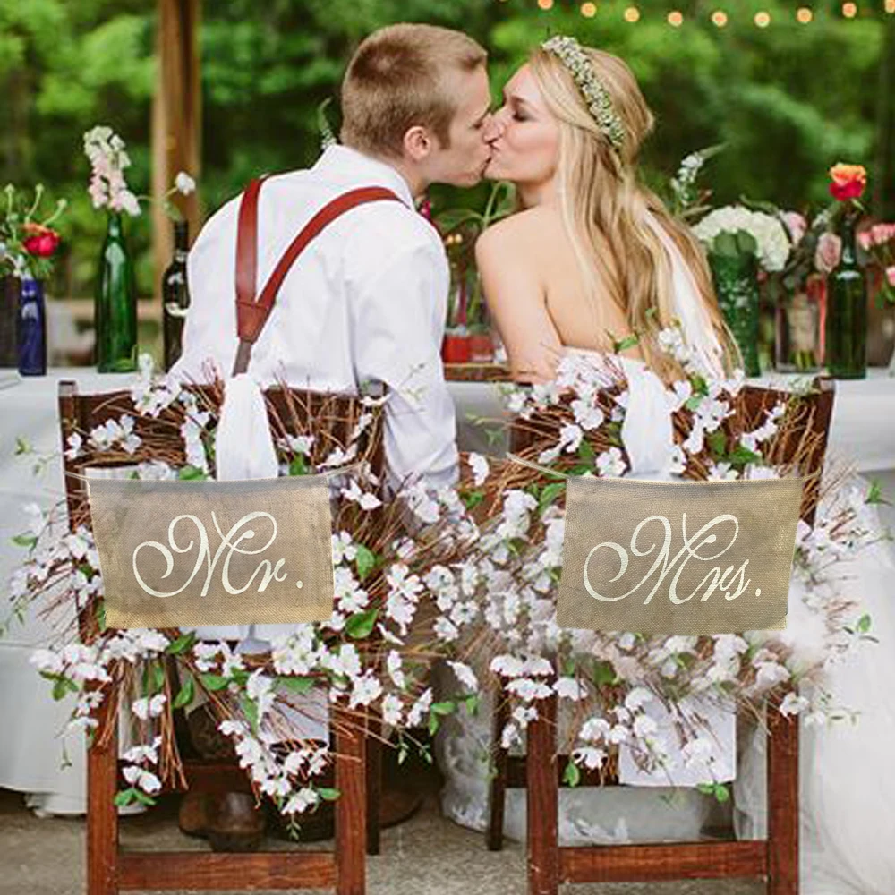 

Mr and Mrs Burlap Chair Banner Set Chair Sign Garland Rustic Wedding Party Decoration