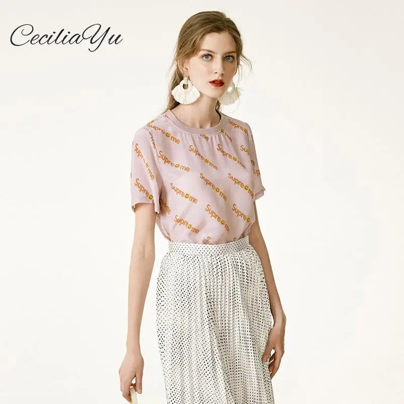 

Ceciliayu 2019 Summer Clother Pink Letter Short Sleeve T Shirt Women 100% Silk Female Wear Loose Short Sleeve Silk T-shirt