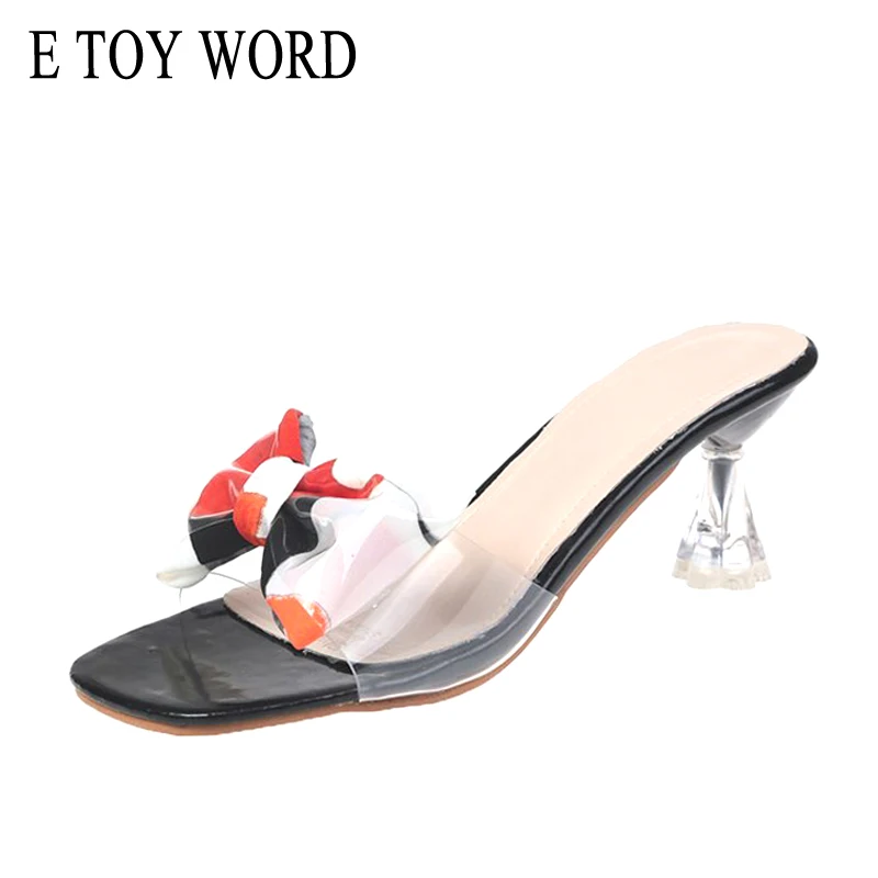 

E TOY WORD Slippers Women Outdoor 2019 Summer New Fashion Bow Slippers Open Toe Woman Transparent stiletto slippers high heels