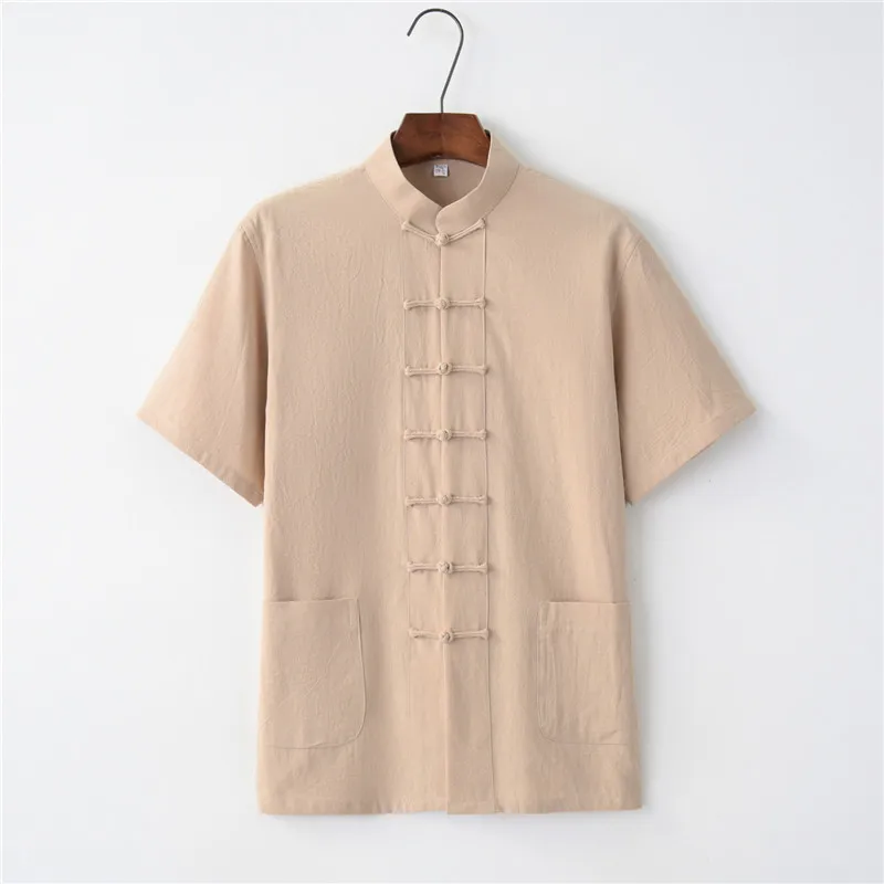 Summer Cotton Linen Kung Fu Shirt Blouse Mens Short Sleeve  Traditional Chinese Tang Suit Top Male Tai Chi Uniform 4