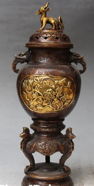 

shitou 003277 12" Chinese Bronze Gilt Dragon Phoenix Tree Peony Incense Burners Censer Statue discount 30% (C0324)
