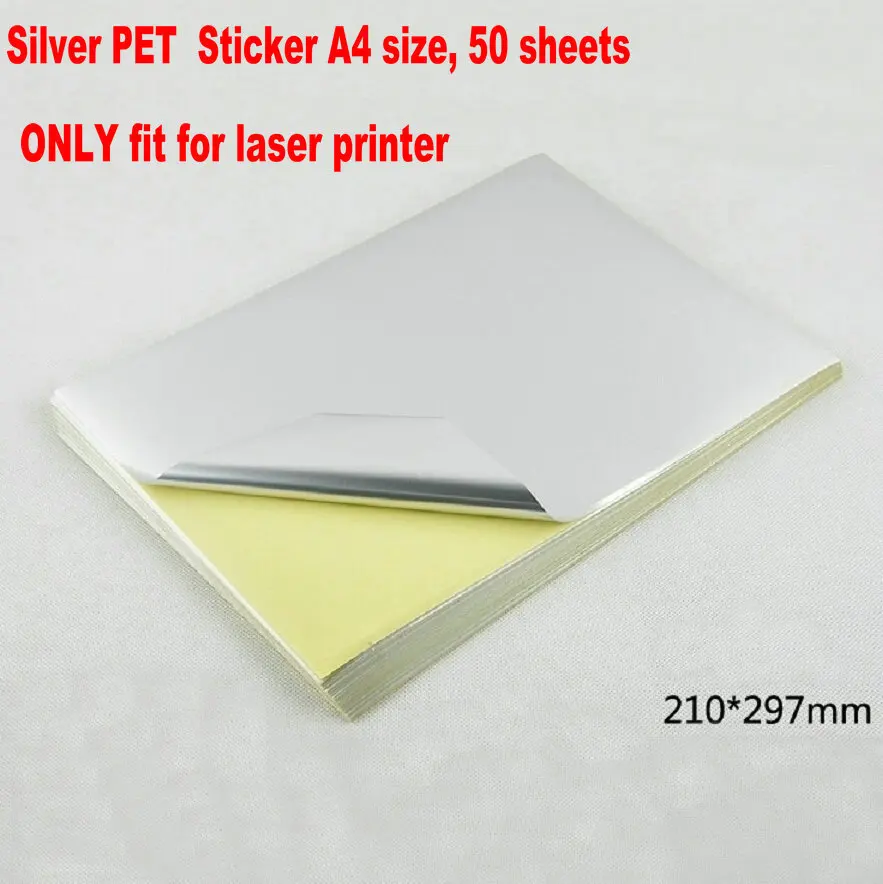 Новые 50 листов А4 серебряные наклейки-этикетки из ПЭТ 297X210 мм только для лазерного принтера