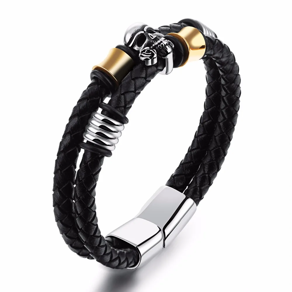 Black Leather Braided Bracelet Handmade Men s Punk Rock Skull Bracelet with Stainless Steel Magnet Clasp