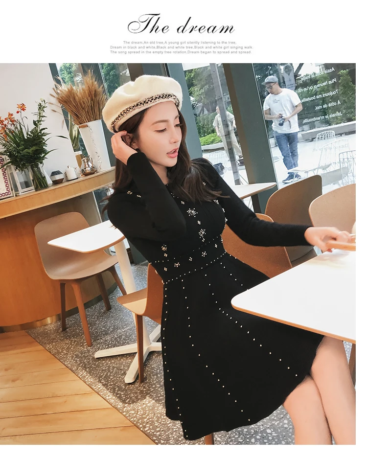 Luxury Goddess Spring Knitted Ball Gown Dress Fashion Women Red Beading Sweater Dress High Quality Elastic Dresses L2825