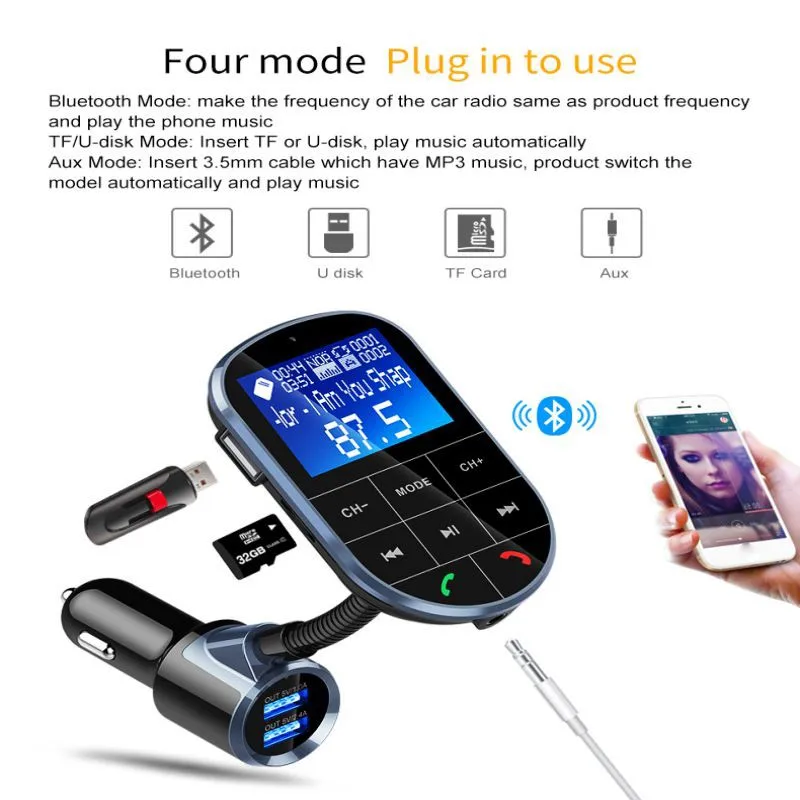BC37 Bluetooth Car Transmitter FM Modulator Dual USB Fast Charger AUX Wireless Audio TF U Disk MP3 Player Hands Free Car Kit ST