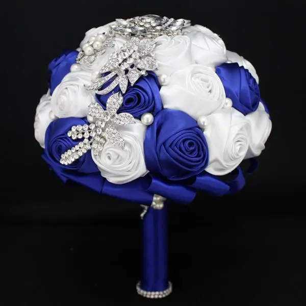 Silk Wedding Flowers Bridal Bouquets Royal Blue Silver White Wedding Bouquet Silk Roses Flowers Crystals Pearls