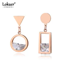 Lokaer, трендовые серьги из нержавеющей стали с кубическим цирконием, ювелирные изделия для женщин, розовое золото, асимметричные геометрические офисные серьги E19040