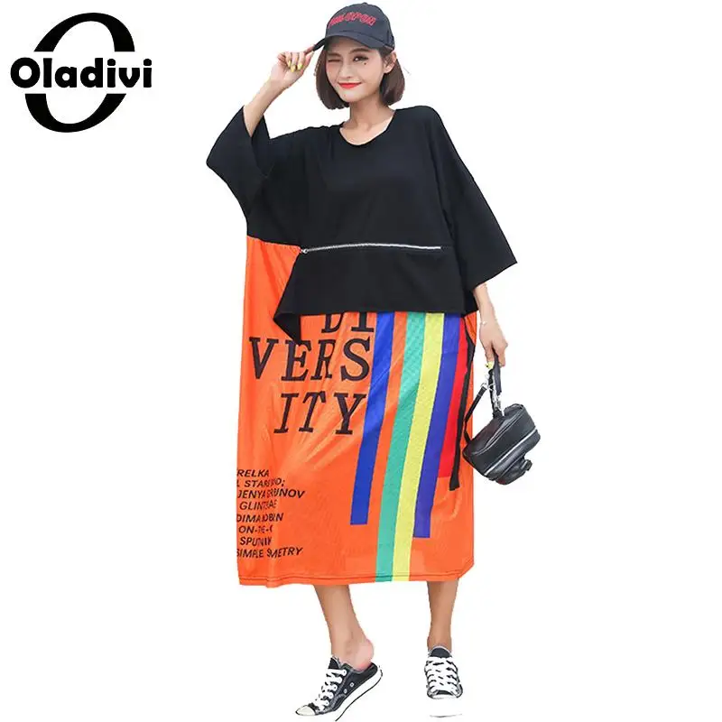 

Oladivi Plus Size Women Letter Print Patchwork Dress Fashion Ladies Casual Loose Top Tees Shirt Dresses Female Tunic Vestido 7XL