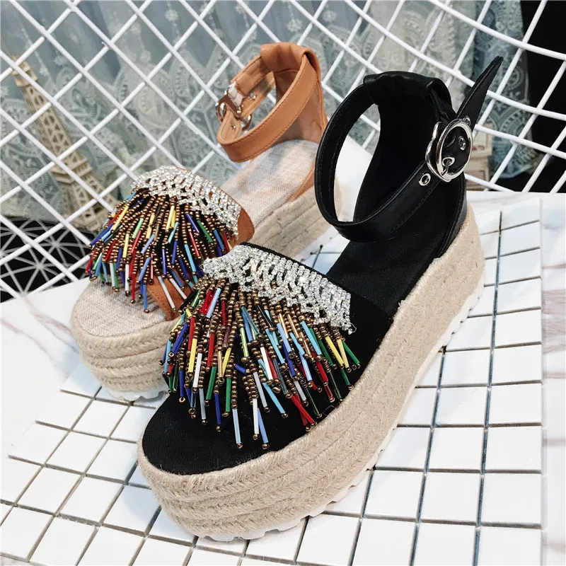 

Summer Shoes Woman Platform Flats Sandals Ankle Strap Chic Designer String Beads Fringe Woman Cozy Shoes Woman Casual Sandals