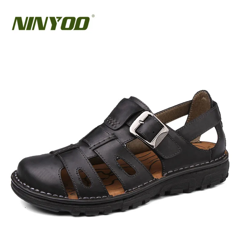 

NINYOO Star Product Men's Sandals Encase Toe Genuine Leather Sandals Comfortable Wearproof Handmade Summer Casual Beach Sandals