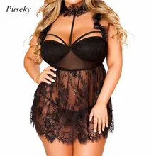 Сексуальный комплект нижнего белья размера плюс 5XL, ночная рубашка, черное платье для сна, женское кружевное белье, одежда без рукавов, 3XL, XL, с трусами