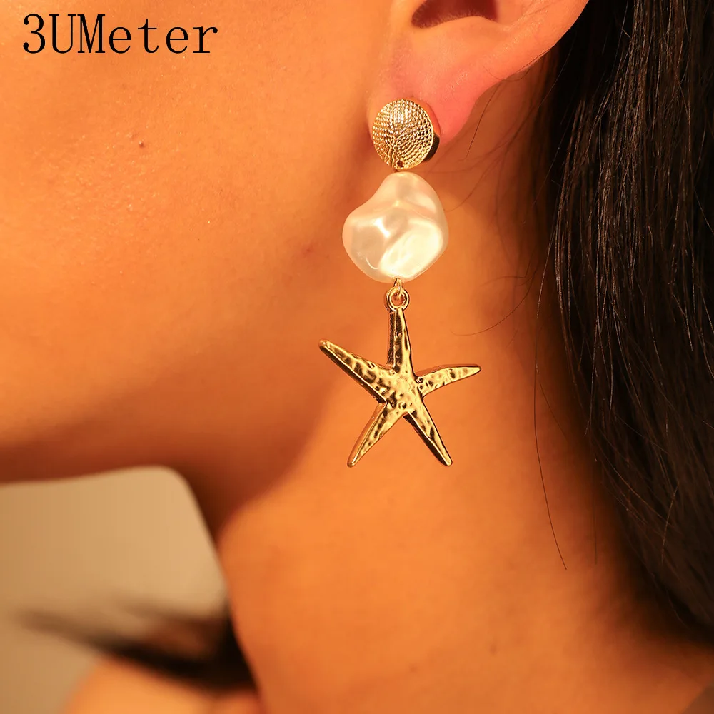 

3UMeter 2019 New Starfish Shell Baroque Pearl Earrings For Women Marine Series Metal Starfish Earrings Gift Drop Shipping