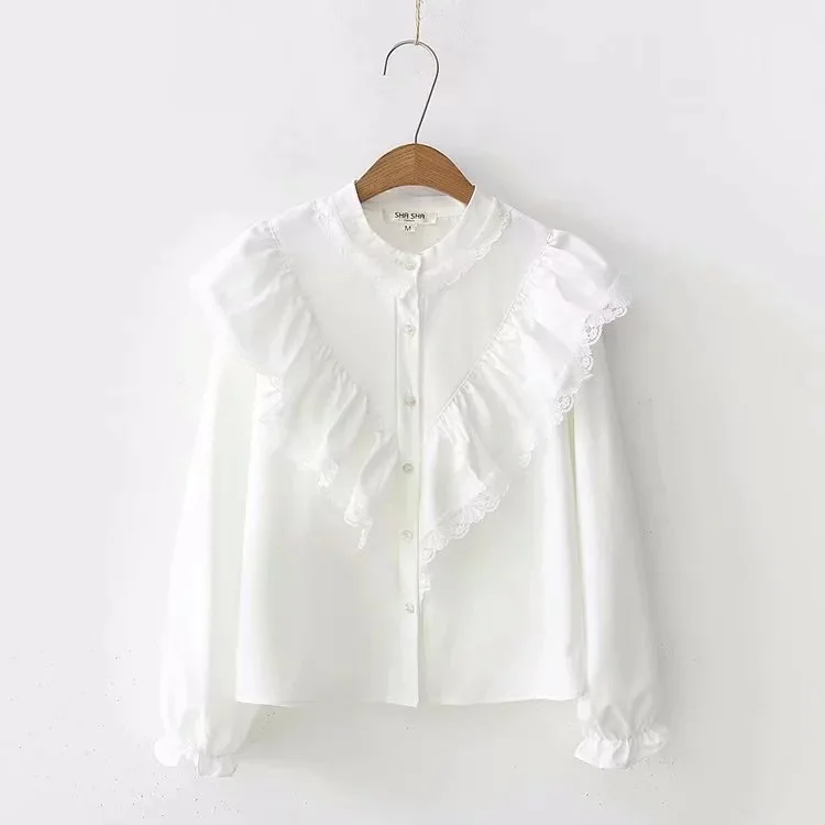 

Lolita shirt mori girls autumn winter Japan style sweet stand collar long sleeve white lace ruffled blouse blusas mujer de moda