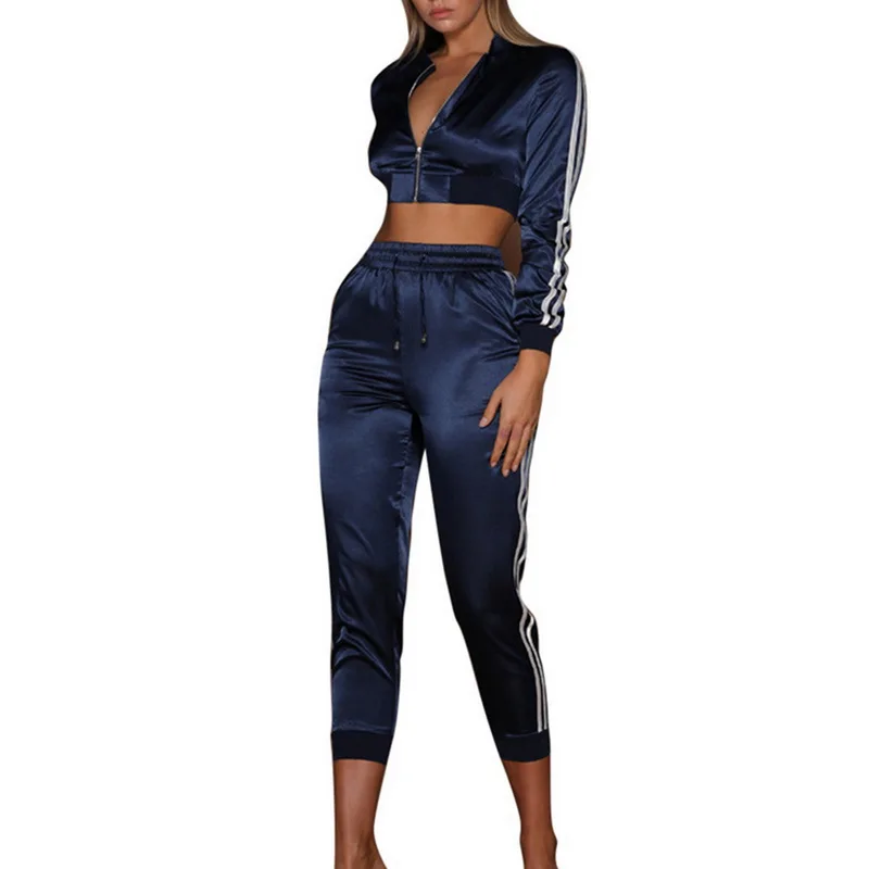 Litthing Women Tracksuit Zipper Hoodies Sweatshirt Pants 2 Pieces Set Fashion Female Cropped Top Pullover And Trousers Suit - Цвет: Blue Style 2