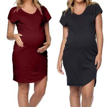 

2019 Maternity Dresses Women's Pocket Solid Short Sleeve Loose Dress Robe Grossesse Maternity Summer Dress Plus Size For S-2XL