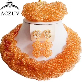 

ACZUV Peach African Necklace Dubai Beads Jewelry Set Crystal Nigerian Wedding Accessories A12R017